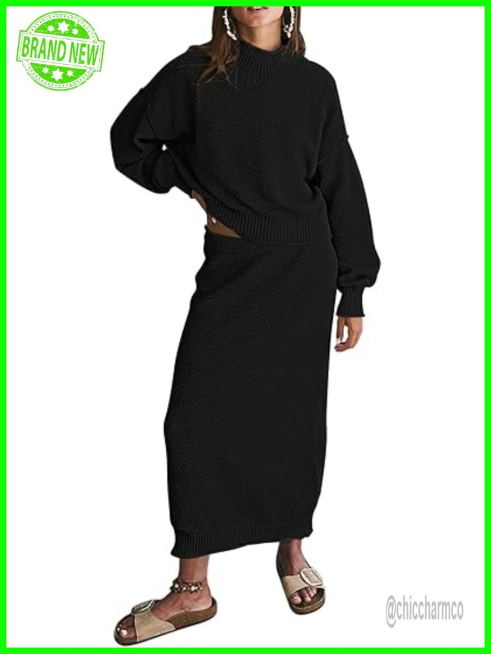 Women's 2 Piece Knit Sweater Set - Oversized Top & Bodycon Maxi Skirt